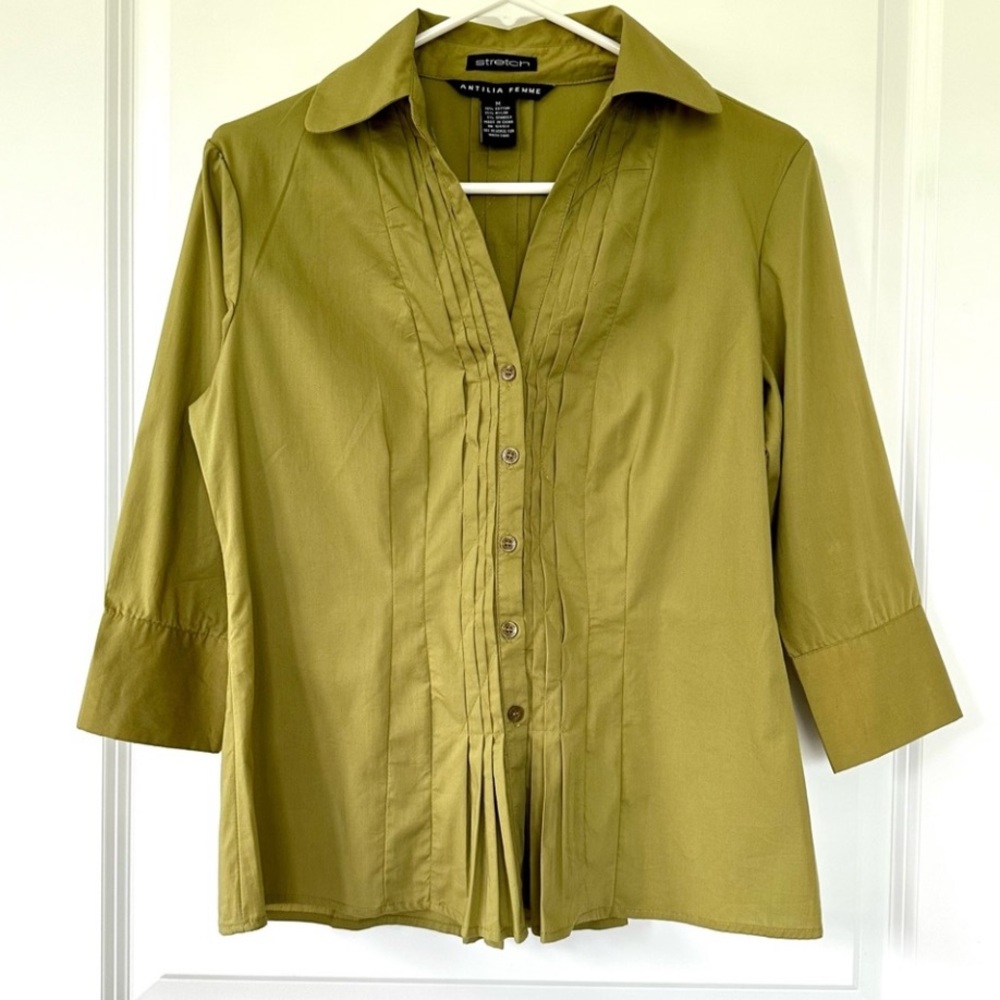 Antilia Femme Stretch Button Down Moss Green Shirt